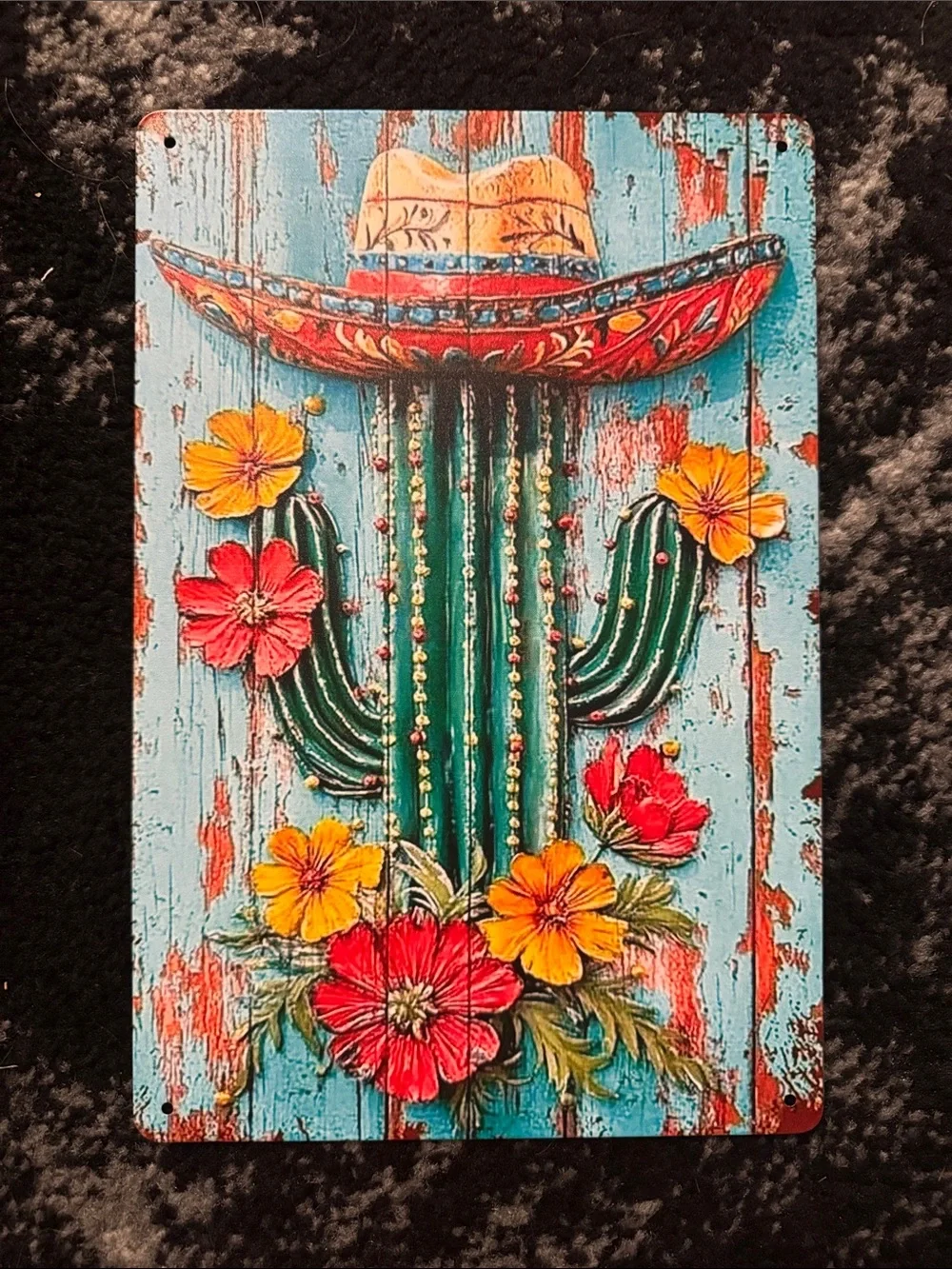 Colorful Cactus Floral Metal Wall Art with Sombrero NEW 🏷️